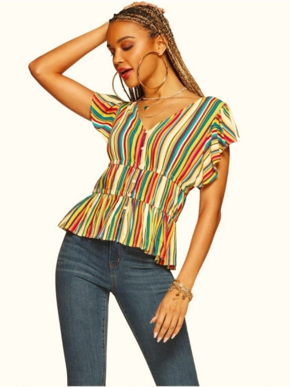 Jessica Simpson Baby Doll Striped Peplum Button-Front Top in Multi-Color